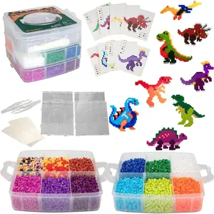 8,000pc DIY Complete Fuse Bead Kit w Carrying Case - Dinosaurs - 18 Colors, 8 Unique Templates, 4 Peg Boards, Tweezers, Ironing Paper - Works w Perler Beads, Pixel Art Color by Numbers Toy Project