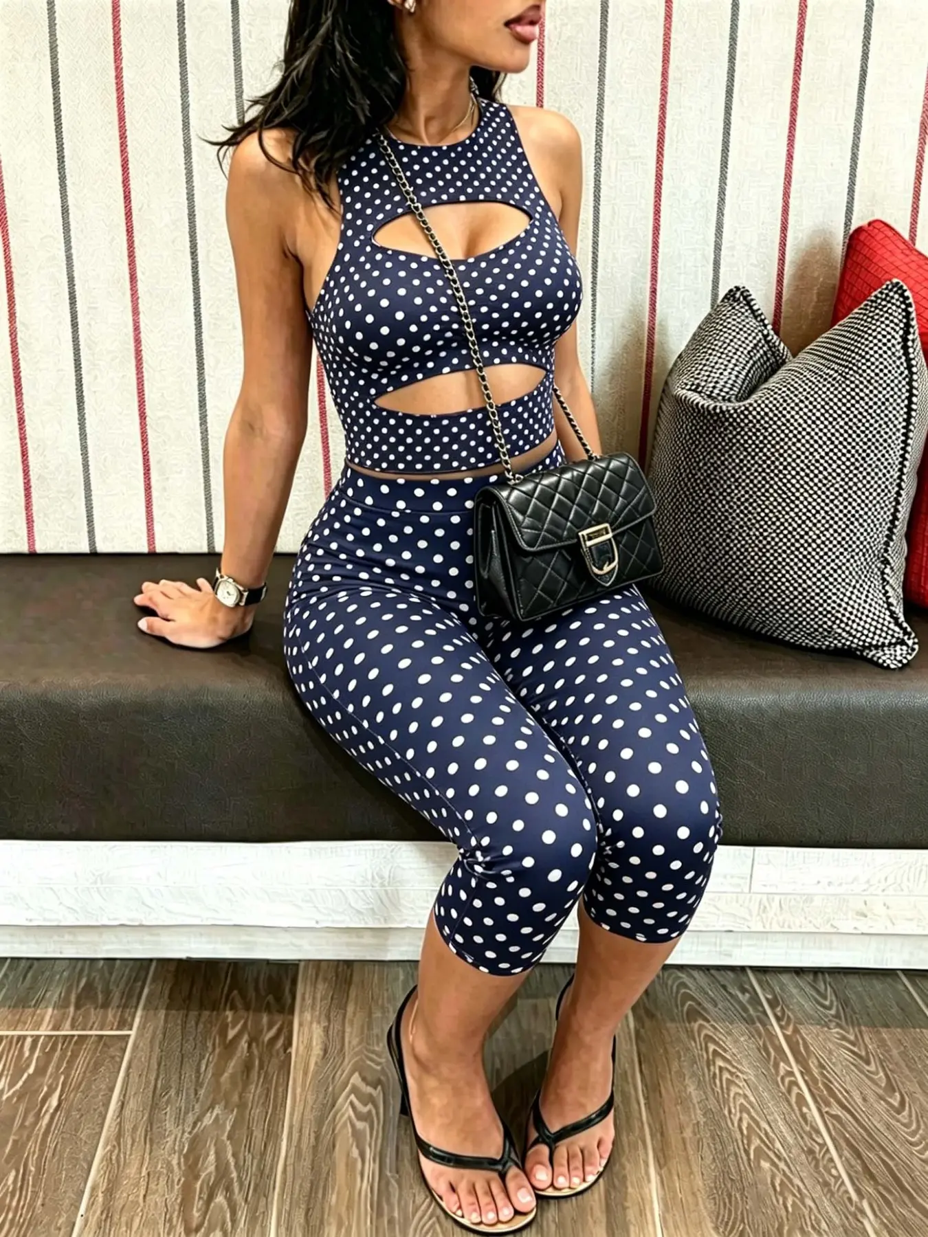 Women's Polka Dot Print 2 Piece Athleisure Workout Set, Cutout Sleeveless Crop Top & High Waist Capri Leggings, Casual Workout Yoga Jumpsuit for Club Party, Summer Fitness Outfit