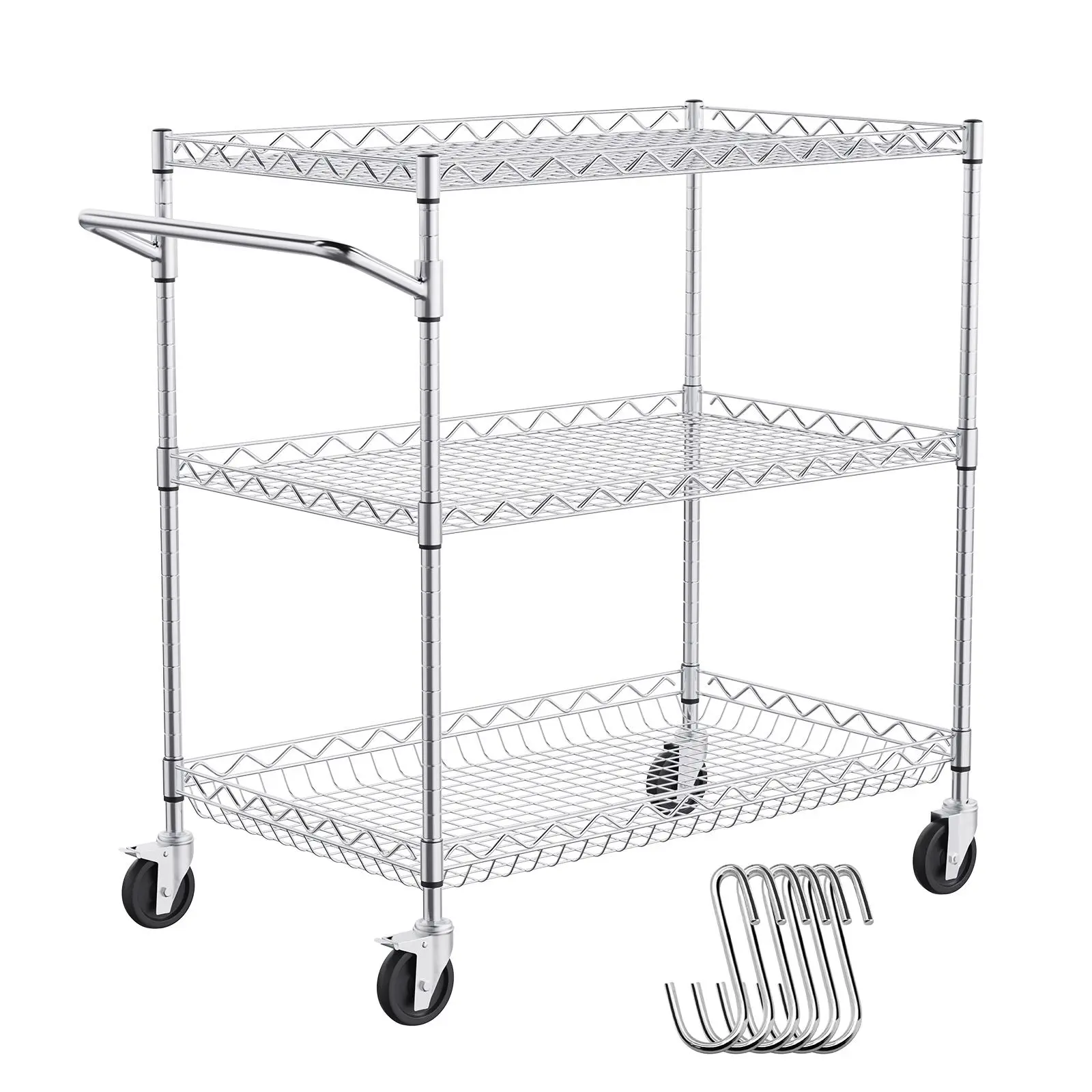 VEVOR Kitchen Utility Cart,  3 Tiers, Wire Rolling Cart with 661LBS Capacity, Steel Service Cart on Wheels, Metal Storage Trolley with 80mm Deep Basket Curved Handle 6 Hooks, for Indoor and Outdoor