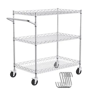 VEVOR Kitchen Utility Cart,  3 Tiers, Wire Rolling Cart with 661LBS Capacity, Steel Service Cart on Wheels, Metal Storage Trolley with 80mm Deep Basket Curved Handle 6 Hooks, for Indoor and Outdoor
