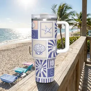 Coastal Grandmother Tumbler 40oz | Nautical Seashell Travel Cup with Handle | Beach House Gift for Her | Insulated Steel Mug