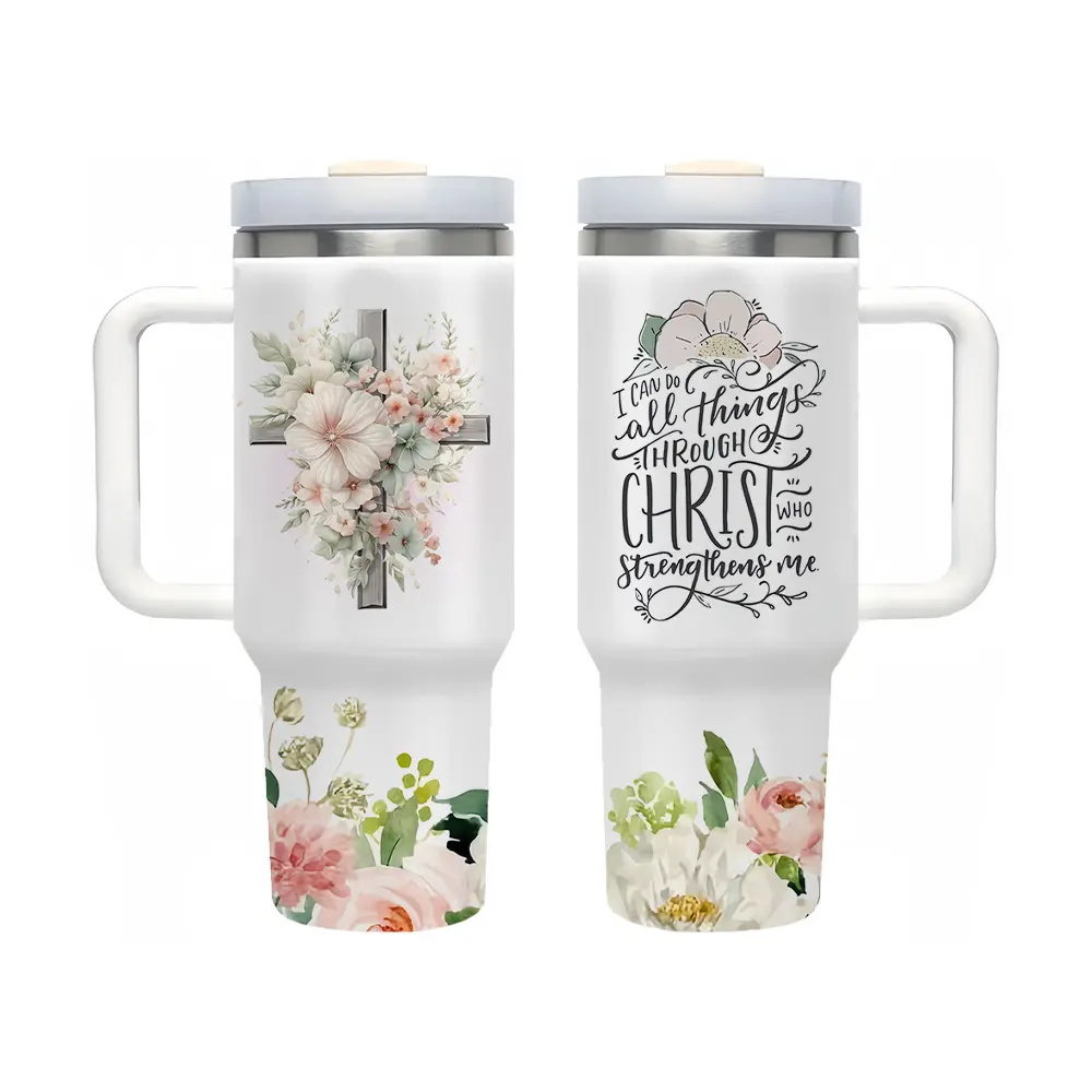40oz Portable Christian Insulated Stainless Steel Tumbler with Handle & Straw, Floral Cross "I Can Do All Things Through Christ" Bible Verse Travel Flask, Religious Gift for Women