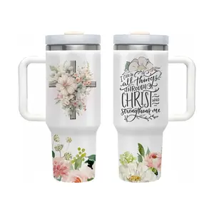 40oz Christian Tumbler with Handle, Insulated Stainless Steel Coffee Cup, "I Can Do All Things Through Christ" Floral Cross Design Travel Mug, Religious Gifts for Women, Faith-Based Christian Gifts, Bible Verse Tumbler