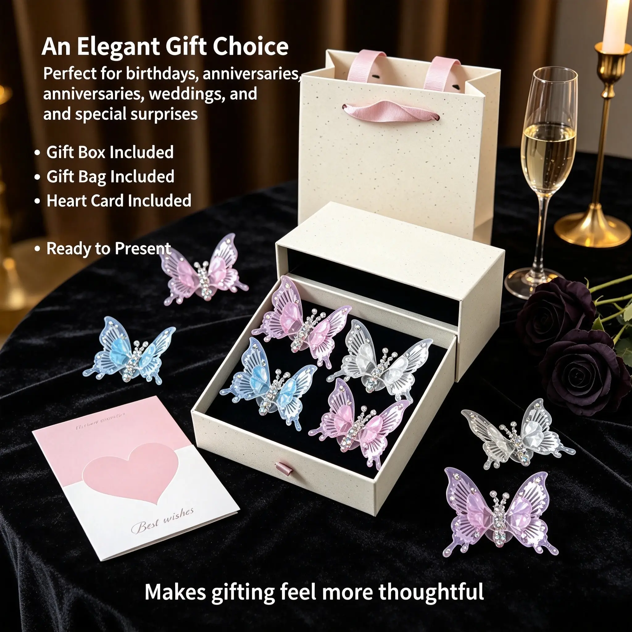7Pcs Flying Butterfly Ornament Set with Gift Box & Bag&card, 4 color Decor for Car, Wall & Women Jewelry,sparkling butterfly car accessories, wedding favors, decorative car hangings, and dashboard ornaments.