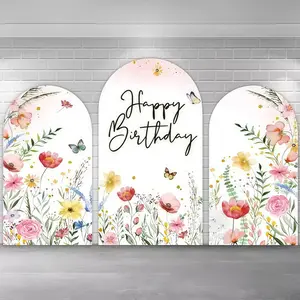 Happy Birthday Wildflower Arch Covers Stretchy Backdrop – Watercolor Floral & Butterfly Design, Perfect for Birthday & Garden Party Photo Backdrop