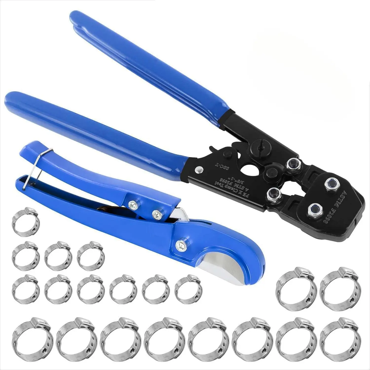 PEX Pipe Clamp Cinch Tool Crimping Tool Crimper for Stainless Steel Clamps from 3/8-inch to 1-inch with 1/2-inch 10PCS and 3/4-inch 10PCS SS PEX Clamps,with Pipe Cutter