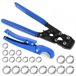 PEX Pipe Clamp Cinch Tool Crimping Tool Crimper for Stainless Steel Clamps from 3/8-inch to 1-inch with 1/2-inch 10PCS and 3/4-inch 10PCS SS PEX Clamps,with Pipe Cutter