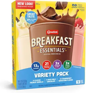 Carnation Breakfast Essentials Complete Nutritional Drink Rich Milk Chocolate / Classic French Vanilla / Strawberry Sensation Flavor 1.26 oz. 60 Ct