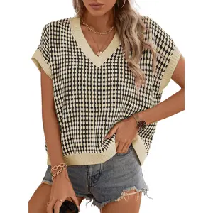 Dokotoo Womens Casual Summer Tops V Neck Short Sleeve Plaid Knit Vest Loose Fit Pullover Sweaters Blouses