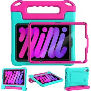 Kids for 8.3 inch iPad mini 7 (A17 Pro) 2024 & iPad mini 6 (A15) 2021, Shockproof for iPad mini 7th/6th Generation with Built-in Screen Protector & Handle Stand, Cyan&Pink