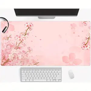 Large gaming mouse pad, Desk Pad, pink Japanese cherry blossom design, with sewn edges and anti-slip rubber base, is very suitable for use in schools, offices or homes