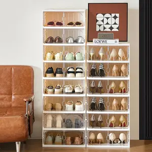 MiAoLi folding shoe rack, magnetic transparent door shoe cabinet, 9 layers, can store 18 pairs of shoes, simple design, large capacity, sturdy and stackable plastic shoe cabinet, space-saving, no installation required, convenient and practical. tiktokshop