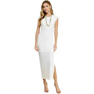 Crew Neck Cap Sleeve Rib W/ Lining Maxi Dress Breathable Casual