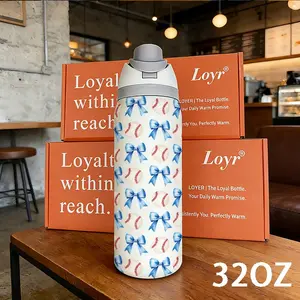 Loyr 32oz Insulated Tumbler with Straw, Blue Bow Baseball Pattern, Stainless Steel, Perfect Gift for Birthday, Modern Style, Outdoor & Daily Use Bottles