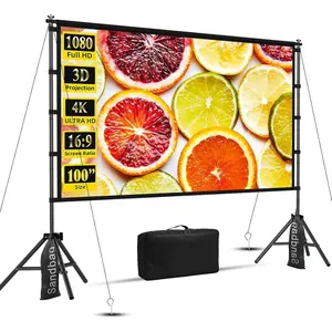 Outdoor Projector Screen with Stand,  100 inch Portable Movie Screen, 16:9  Foldable Anti-Crease Projection Screen with Carry Bag for  Theater Outdoor Indoor Support Double Sided