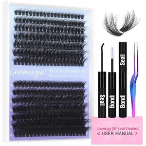 Geeneiya Fluffy Lash Extension Kit Cluster Lashes DIY Eyelash Extension Kit Individual Lashes Kit with Lash Bond and Seal Glue, Lash Applicator, DIY at Home for Beginners(60P+80P, 280Pcs)