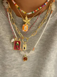 Fashionable Handmade Beaded Necklace Set, Colorful Square Fish Pendant Layered Style, Zinc Alloy Chain, All Seasons Jewelry