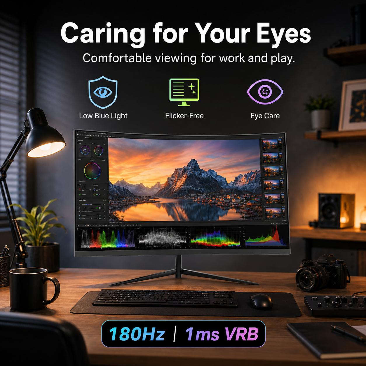 Rehisk 24" Curved Gaming Monitor – 180Hz, 1ms, FHD, FreeSync, Ultra-Slim, HDMI/DP, VESA Ready