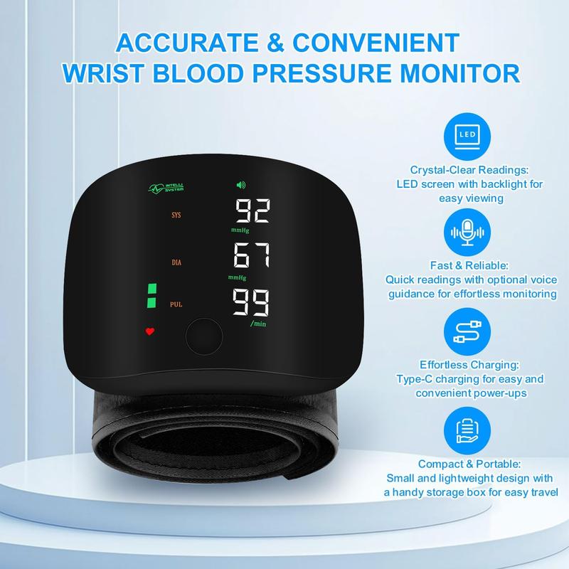 Rechargeable Wrist Blood Pressure with LED Touch Screen, Voice Broadcast & 99x2 Memory Made Simple. Accurate Home Bp Tracking(1/2 PCS)