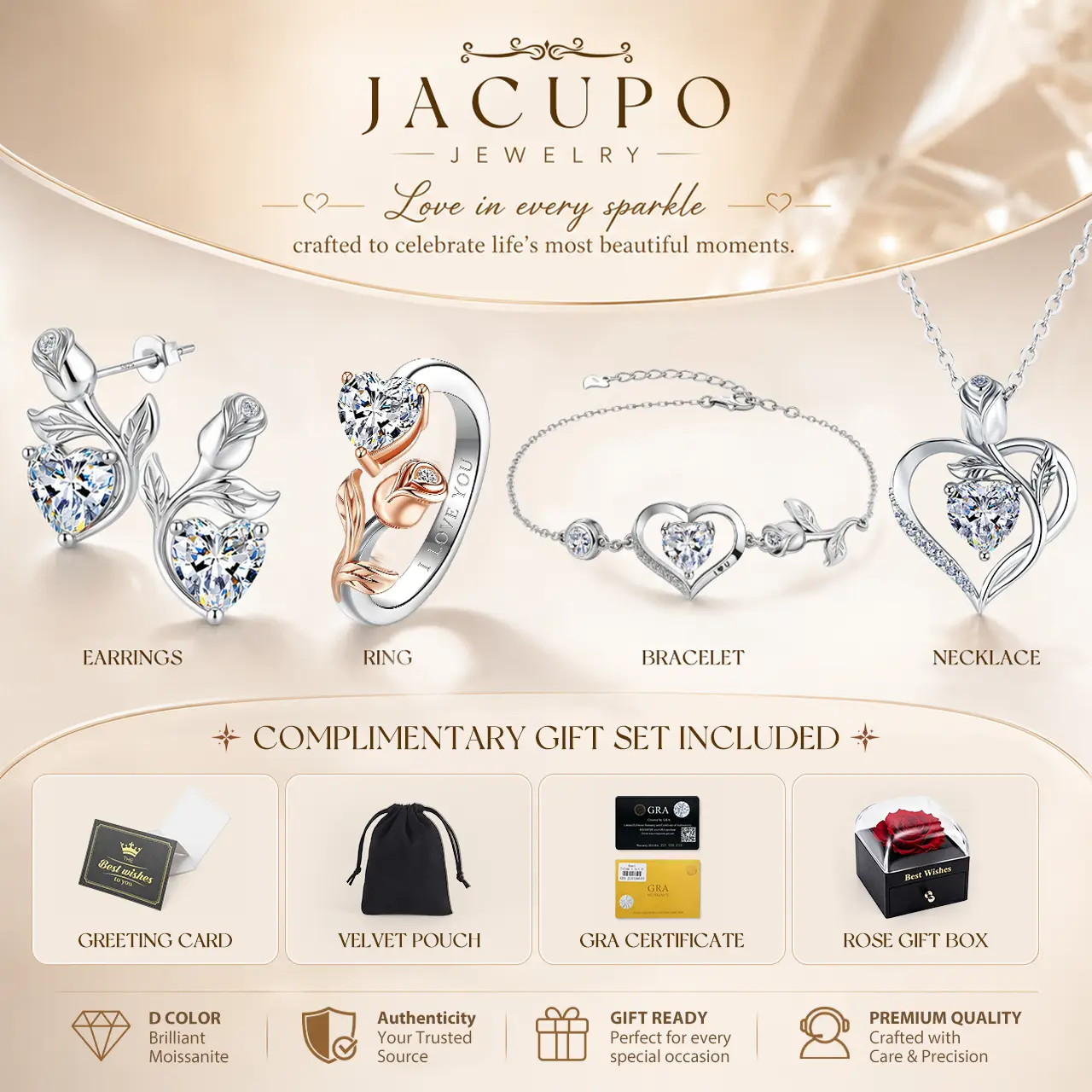 JACUPO Lab-Grown Moissanite Gem Heart-Shaped Stud Earrings, Eternal Rose Female Jewelry Collection, Top Birthday Gift for Women, Earring Studs, Heart Design Earrings