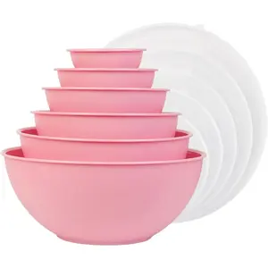 BPA Free Plastic Round Mixing Bowl with Lids, 12 Pack Nesting Bowls with Lids Set, Microwave and Dishwasher Safe Prep & Serving Bowls Great for Mixing, Baking, Serving (Pink, 12pcs)