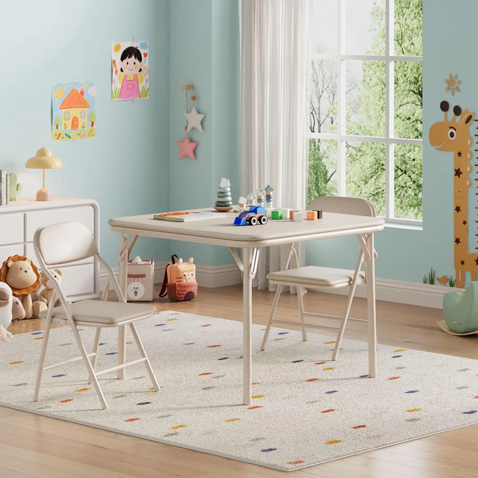 3 Piece Folding Kids Table and Chairs Set, Children Activity Table and Chairs Set for Dining Room,Daycare,Classrooms,Beige