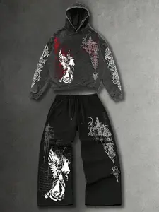 Gothic Style Hoodie & Loose Pants Set, Unisex Cotton Sweatshirt with Angel Graphic Pattern Prints, Streetwear Y2K Fashion, Men's Gift, Trendy