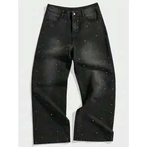 ?? Five-star review??Men's Loose Fitting Rhinestone Embellished Dark Grey Washed Jeans,Streetwear Men Party Clothes