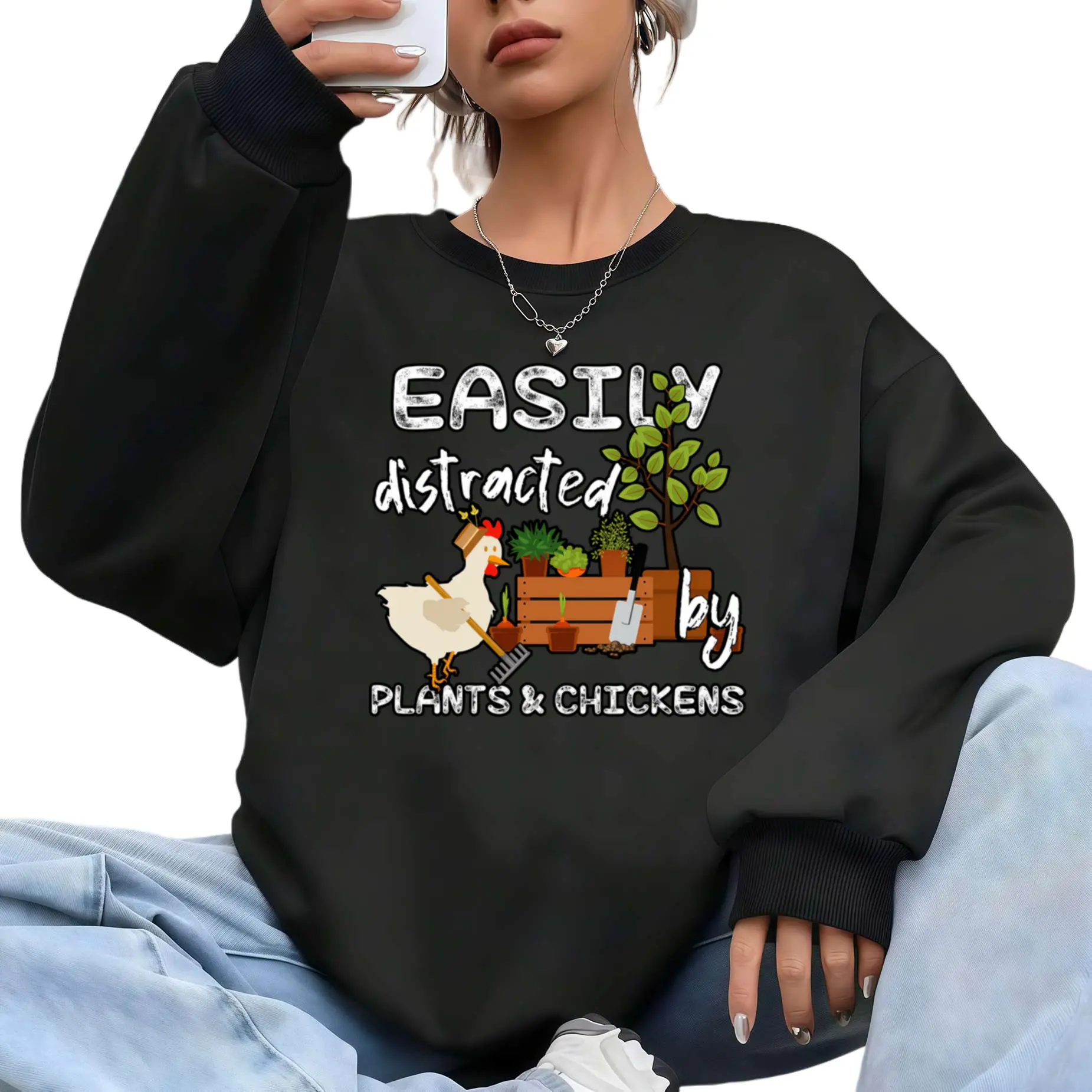 Vintage Long Sleeve Sweatshirt with Retro Botanical & Chicken Graphics – Comfortable Round Neck, Perfect for Gardeners, Farmers, and Chicken Enthusiasts, Machine Washable Casual Wear Fabric Womenswear