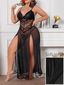 Women's plus size fitted lingerie, sexy mesh camisole nightgown, exotic long nightgown, side slit pajamas