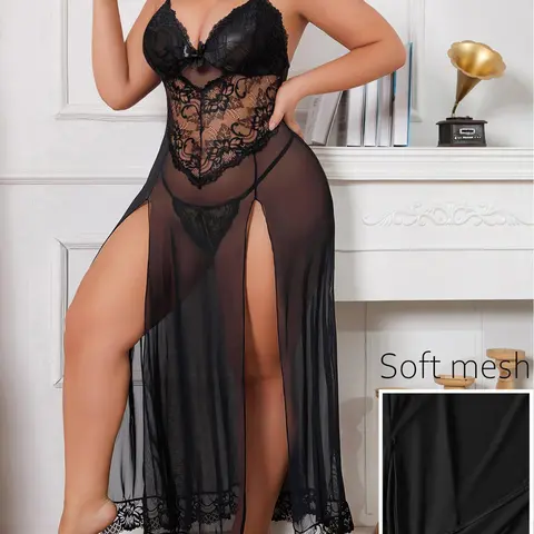 Women's plus size lingerie, sexy mesh camisole nightgown, exotic long nightgown, side slit pajamas, Lingerie Lace Sleepwear