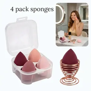 4PCS Makeup Sponge Set with Holder & Case Beauty Blender Egg Shape Soft Blending Sponges for Foundation Liquid Powder Cream Flawless Makeup Application Pink Travel Friendly Cosmetic Puff Kit