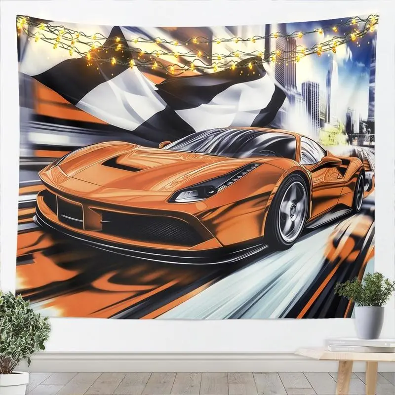 Racing Car Tapestry Orange Sports Car Tapesrties Decor Living Room Bedroom Speed Racing Theme Wall Hanging Tapestry for Home Decor 59.1x82.7