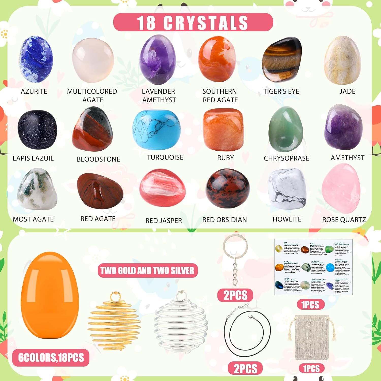 18-Pack Gemstone Prefilled Easter Eggs – Natural Crystals & Mineral Rocks with Necklace & Keychain, Easter Basket Stuffers, Party Favors, Egg Hunt Gifts for Kids