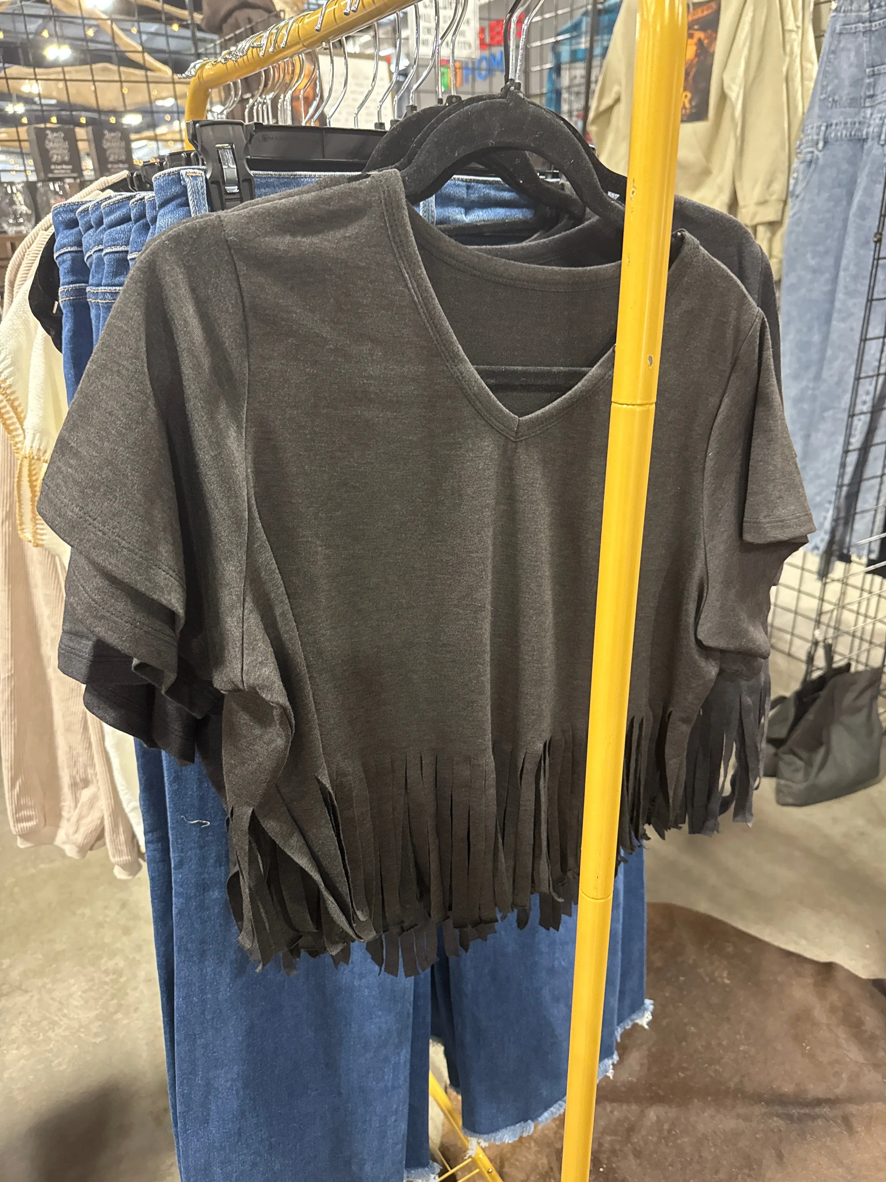 Gray Black Fringe Tee | Western Boho Crop Top, Distressed Fringe Shirt