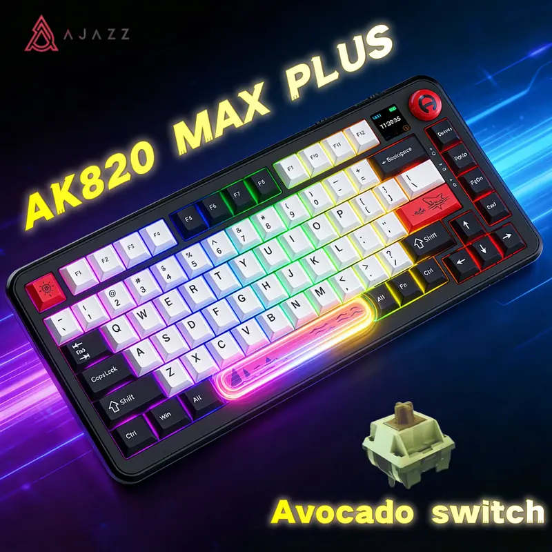 AJAZZ AK820 MAX PLUS Wireless Mechanical Keyboard with TFT Screen & Knobs Gasket Architecture 3-mode 75% Hot Swappable Gaming PC Mac Linux Compatible Avocado Stalk Gift Ideals (Black Shark Red) Hot-Swappable Gaming Keyboard keyboar green  switch  keyboard