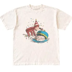 Funny Curious George Birthday Cake T-Shirt – Cute Party Cartoon Tee – Vintage Style Unisex - Vintage Graphic Tee – Menswear & Womenswear – Streetwear Tops – Casual Cotton Crewneck Shortsleeve T-shirt