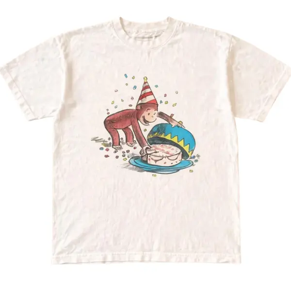 Funny Curious George Birthday Cake T-Shirt – Cute Party Cartoon T-Shirt – Vintage Style Unisex – Retro Pattern T-Shirt – Men's and Women's Clothing – Street Style Top – Casual Cotton Crew Neck Short Sleeve T-Shirt, Loose Fit T-Shirt, Retro Pattern T-Shirt