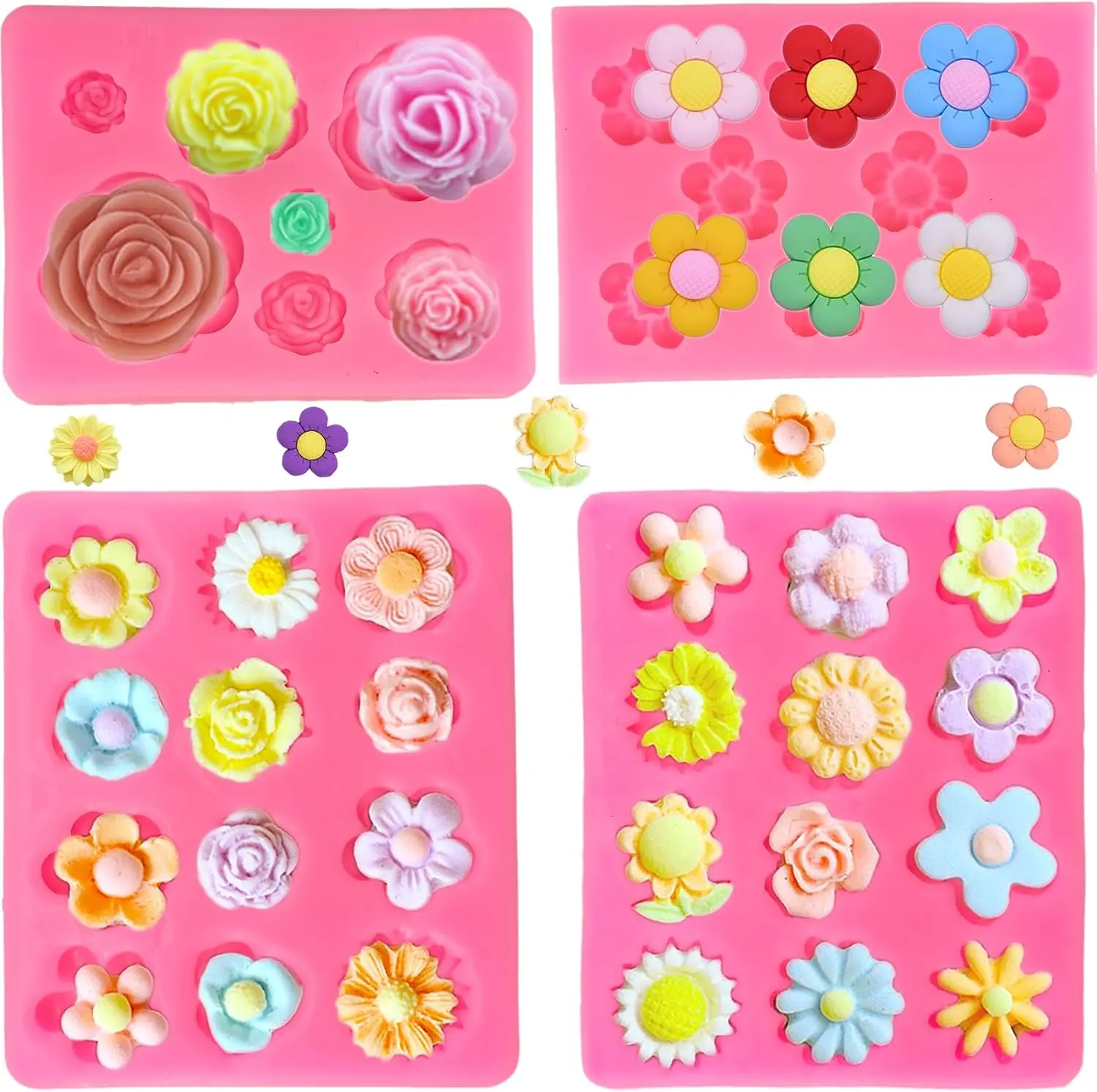 Pack of 4 Flower Silicone Molds, Rose & Daisy Mini Chocolate & Fondant Cake Decorating Molds for Baking, Soap, Ice Cube & Wax Melt