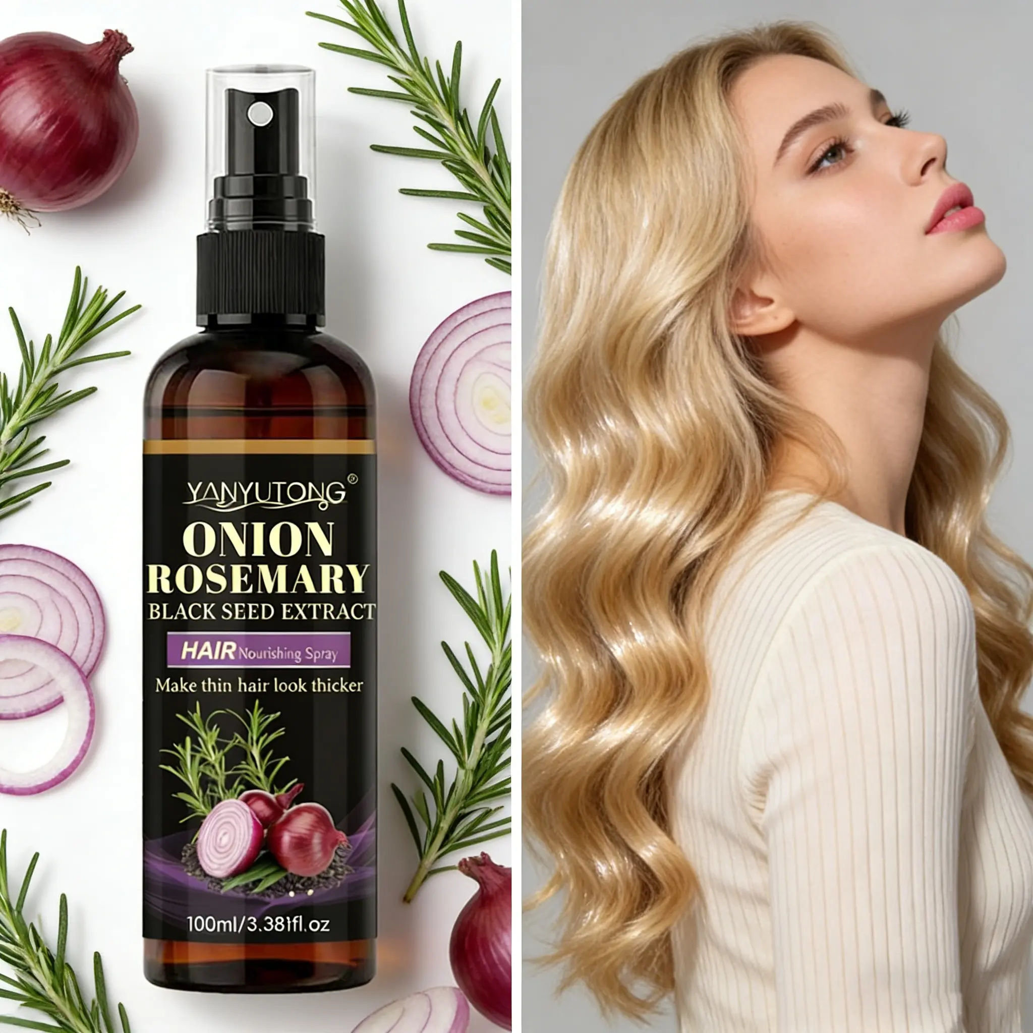 Onion Rosemary Strengthening Essential Spray, Hair Treatment Serum with Biotin and Onion Oil for Damaged Hair, Anti Frizz, Reduces Frizz, Enhances Shine and Scalp Health, Glossy, Plant Extract Haircare, Haircare Product