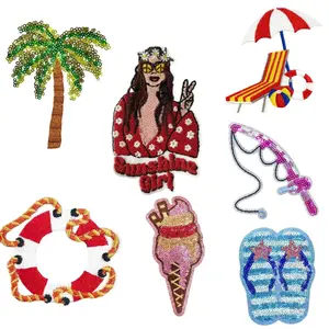 Summer Beach Themed Sequin Embroidered Patch, Floral Embroidery Design, Coconut Tree & Sunshine Girl & Lifebuoy Embroidered Iron on Patch, DIY Decoration Accessories for Clothing and Bags