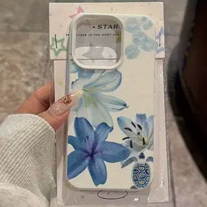 New Anti-Drop Blue Floral Turtle Shell Phone Case, Fits iPhone XR 11-17 Pro Max Plus, Samsung Series, Fashionable Protective Cover