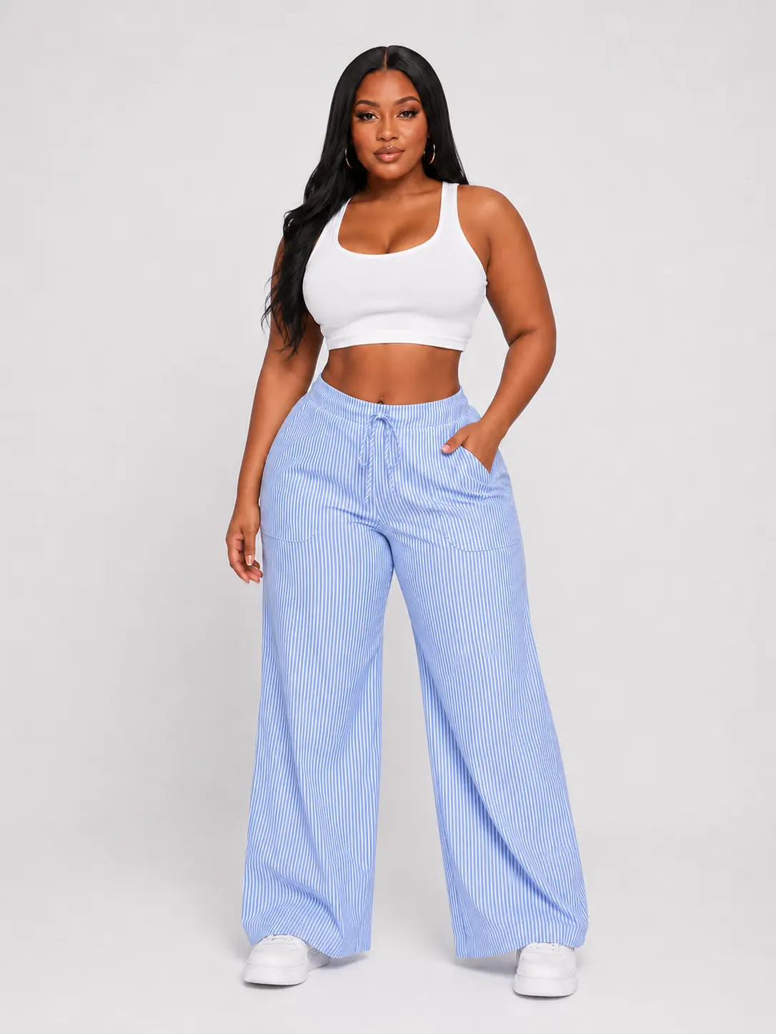 Sculpt Touch Women's Striped Wide Leg Drawstring Pants Casual High Waisted Loose Palazzo Trousers