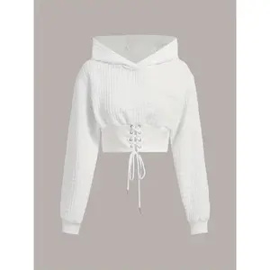 Elegant Women's White Hoodie - Chic Long Sleeve Crop Top with Drawstring & Lace-Up Detail, Polyester Blend, Machine Washable - Perfect for Spring/Fall