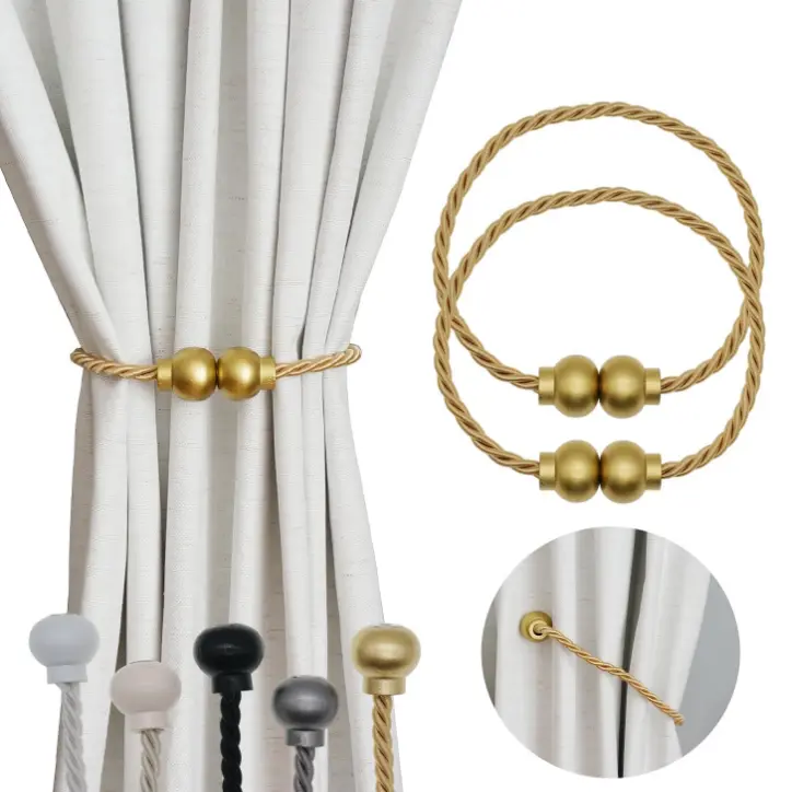 2 Pack Magnetic Curtain Tiebacks Modern Handmade Rope Curtain Tie Backs Decorative Drapes Weave Holdbacks for Home Outdoor Bedroom Office Decorative Curtain, Gold