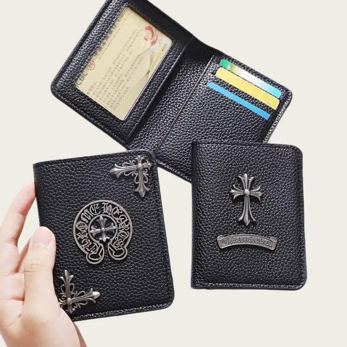 Men's 3D Metal Cross Bifold Wallet - Pebbled PU Leather, Multi-Card-Slot, Vintage Slim Unisex Wallet with Coin Holder