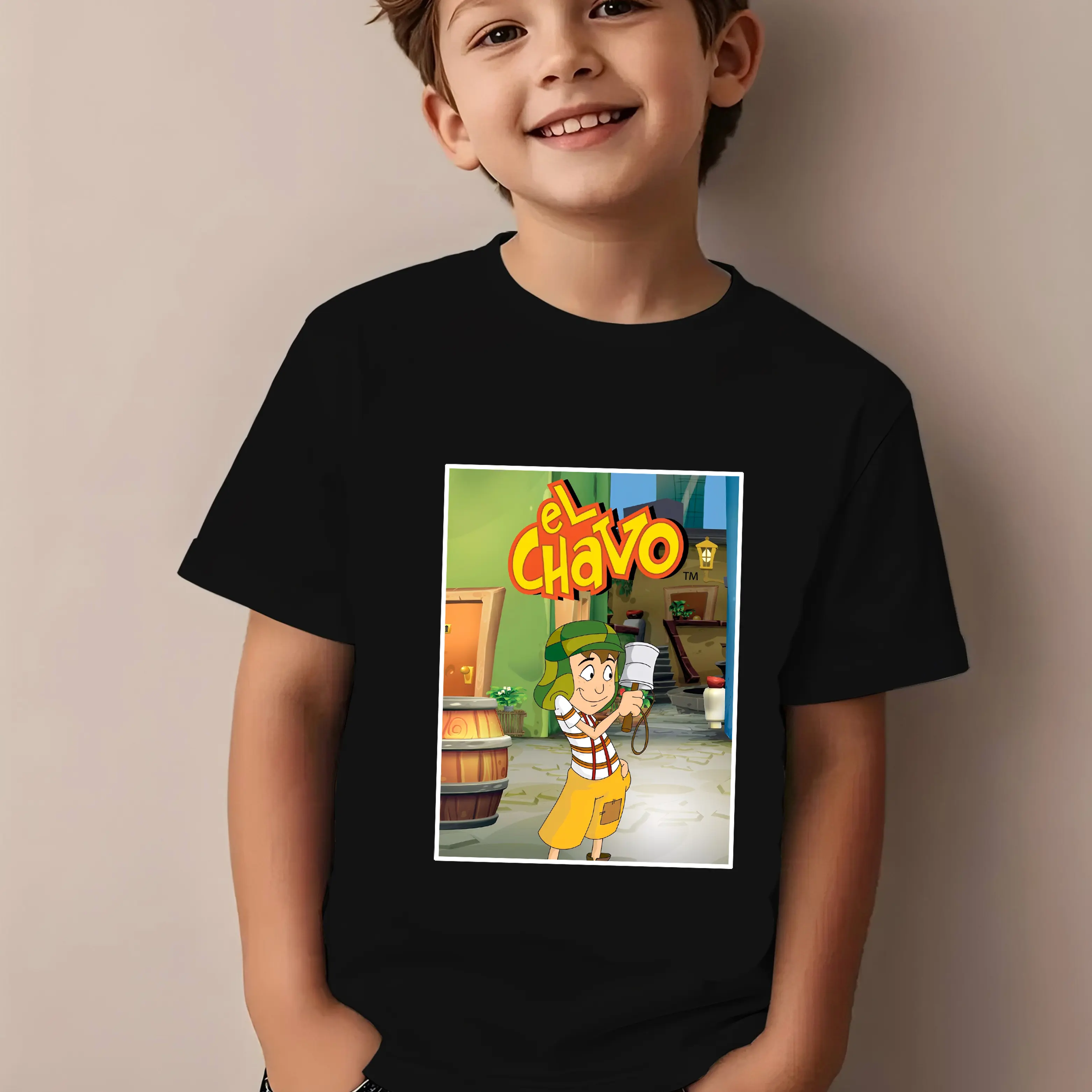Back to School El Chavo Cotton Graphic T-Shirt for Young Girls Boys, Black Summer Shirt with Vibrant Cartoon Pattern, Fun 100% Cotton, Machine Washable