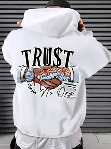 Men's Letter & Hand Print Drop Shoulder Hoodie, Graphic Print Hoodie Fashion Casual Regular Fit Drawstring Pocket Hooded Sweatshirt for Daily Holiday Outdoor Wear, Men Clothes for Fall & Winter