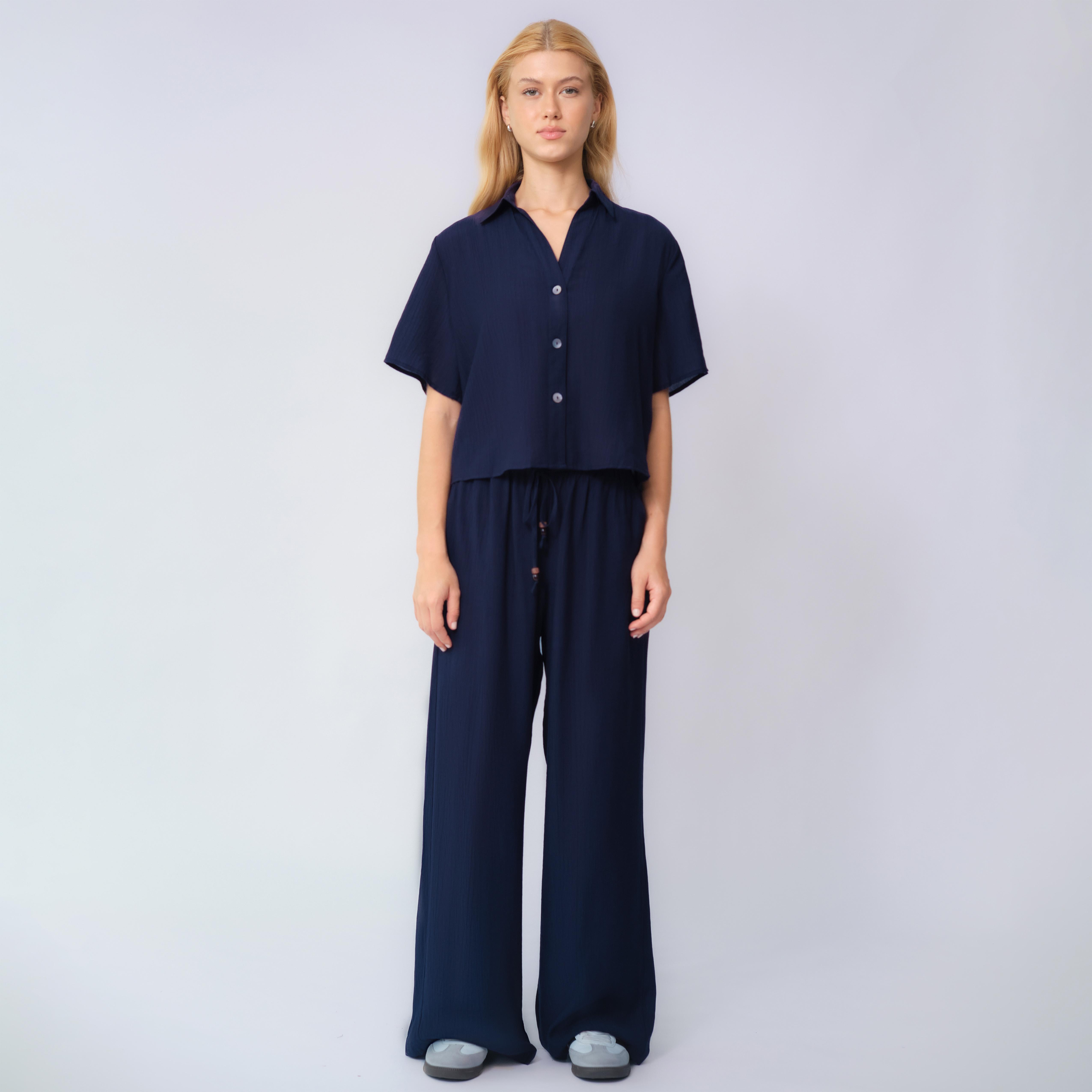 KatchMe Women's Classy Solid Color Collared Shell Button Loose Top & Drawstring Wide Leg Trousers Co-ord, Comfort Set for Lady, Basic Two Piece Outfits KatchMe Women's Classy Solid Color Collared Shell Button Loose Top & Drawstring Wide Leg Trousers Co-ord, Comfort Set for Lady, Basic Two Piece Outfits