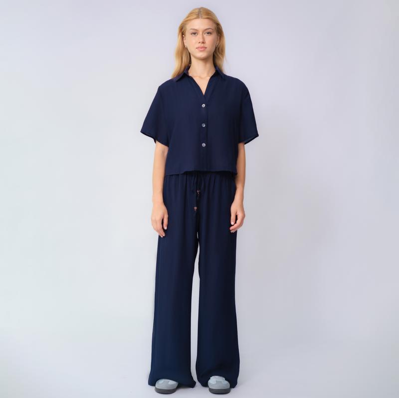 KatchMe Women's Classy Solid Color Collared Shell Button Loose Top & Drawstring Wide Leg Trousers Co-ord, Comfort Set for Lady, Basic Two Piece Outfits